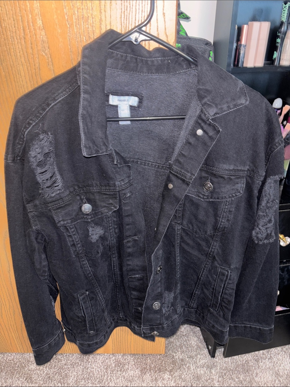 Washed Black Distressed Denim Jacket - Women